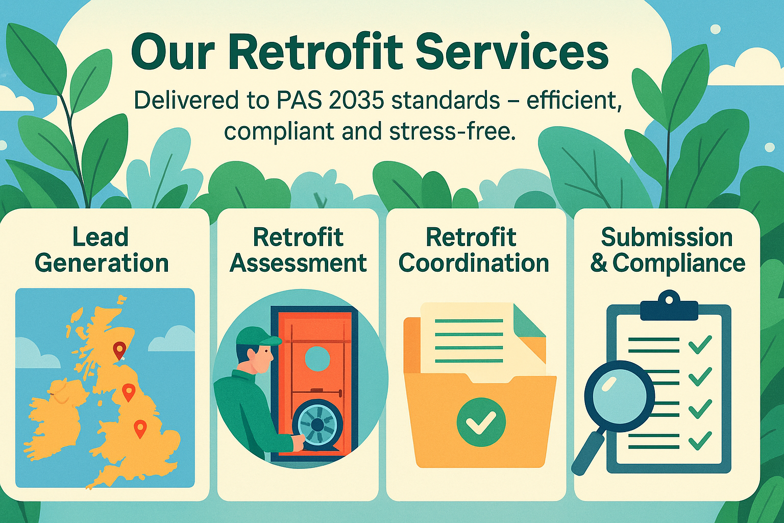 UK Green Homes — ECO4 & GBIS retrofit services overview banner showing services and process